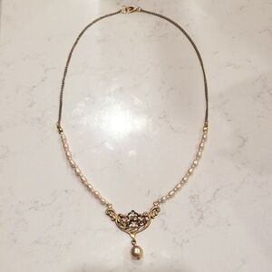 Art Nouveau Style Gold Faux Pearl, AB Glass Flower Bead Necklace